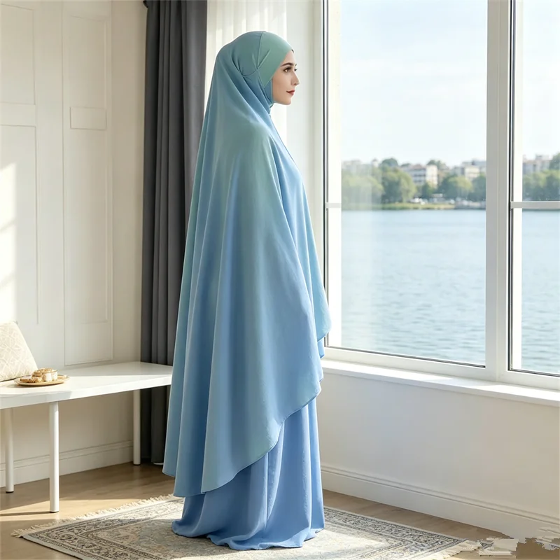 2 Piece Khimar Women Muslim Prayer Garment Sets Long Maxi Dresses Overhesd Hooded Skirt Suit Turkey Arabic Islamic Burqa Nikab