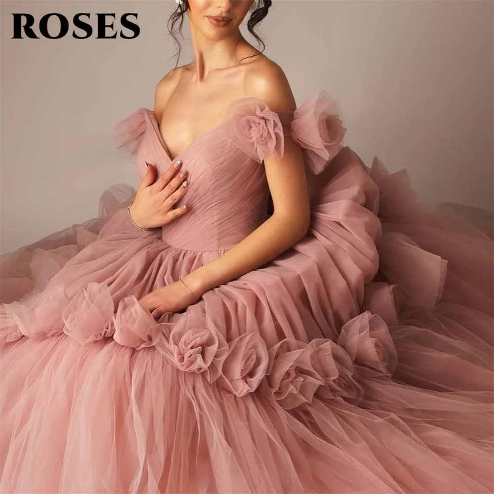 

ROSES Pink Prom Dress Off Shoulder فساتين السهرة Voluminous Night Dress 3D Rose Celebrity Dress for Woman Customized