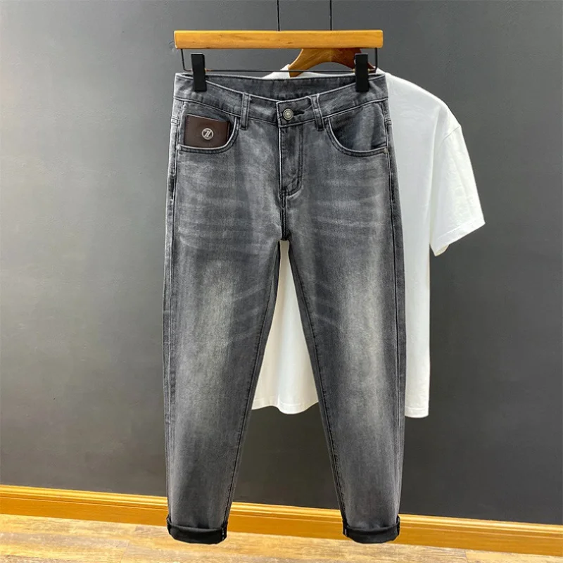 Summer Thin Black Gray Jeans Men's Slim Fit Feet Simple and High-End Men's Stretch Comfortable Breathable All-Matching Long Pant