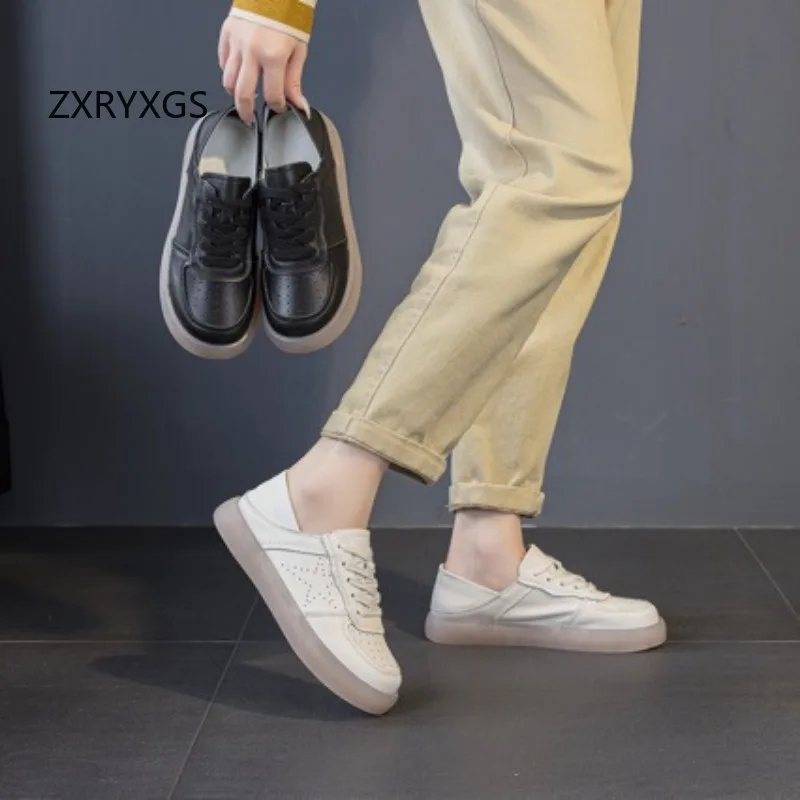 ZXRYXGS 2026 Top Soft Cowhide White Shoes Breathable Sneaker Flat Soft Women Genuine Leather Shoes Black Sneakers Leisure Shoes