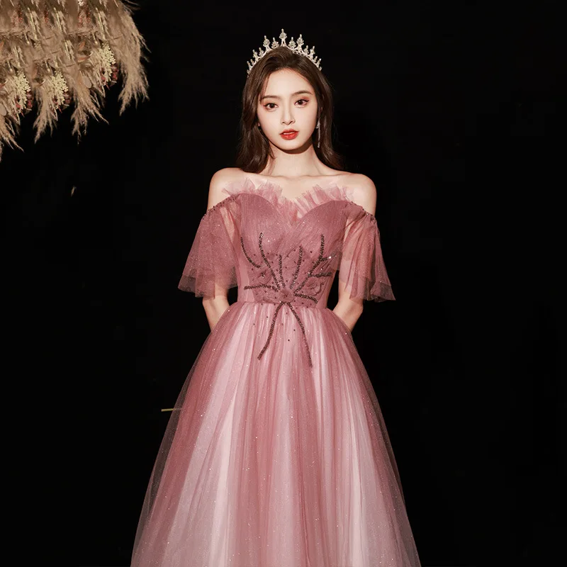 

Ruched Strapless Evening Dresses Exquisite Sequins V-Neck A-Line Slim Backless Lace Up Dress Formal Banquet Gowns Vestidos Femme