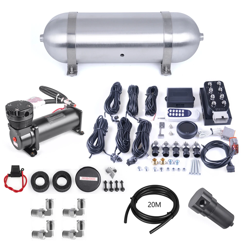 for Universal 12v Solenoid Valveblock Air Ride Suspension With 12V 200psi Compressor&3 Gallon tank &5 Display Air Pressure Gauge