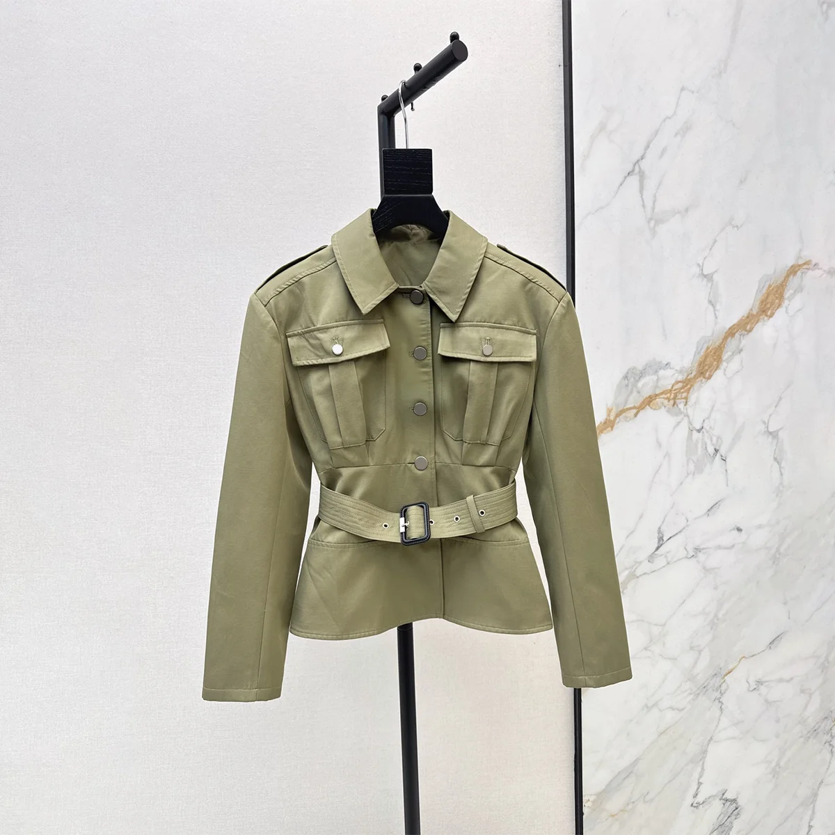 2026 Women's Utility Cargo Jacket, Lapel & Epaulets, Belted Waist Multi Pocket Outerwear26102167