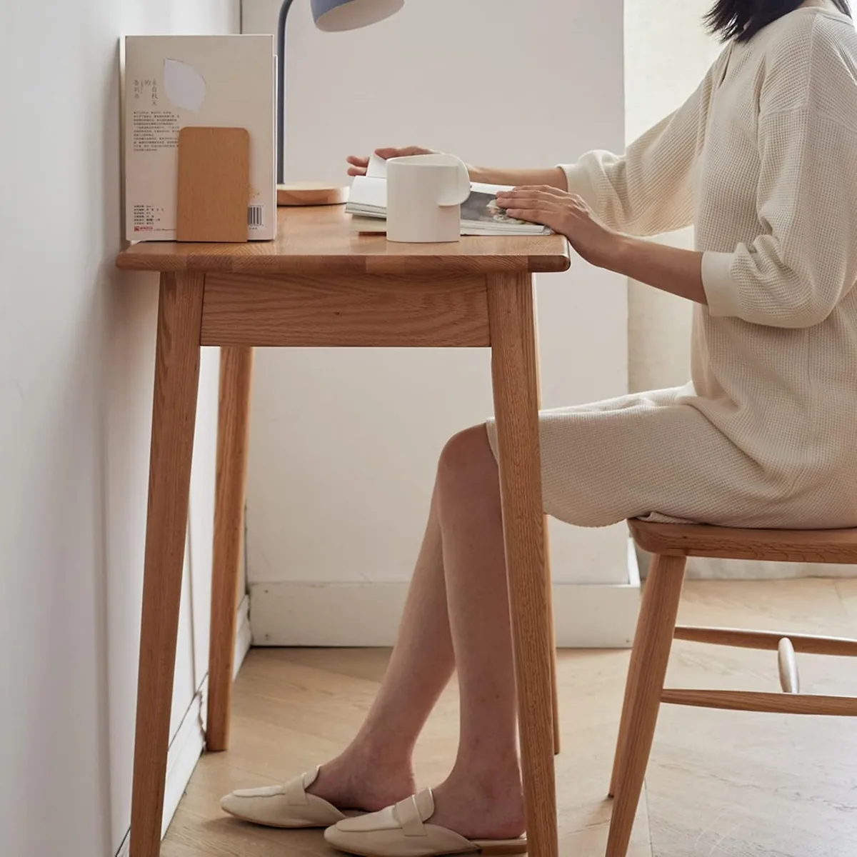 Bureau d'ordinateur en bois de chêne naturel, table d'étude mince, travail PC, 100% bois massif