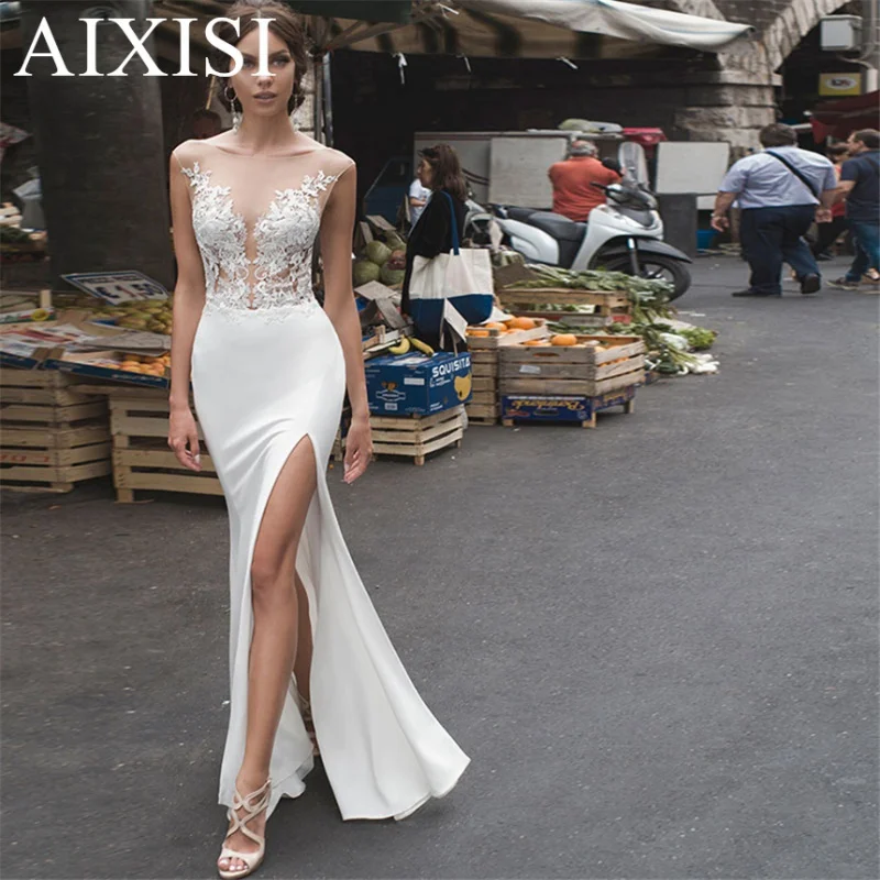 Sexy Mermaid Bride Dresses Lace Side Split Wedding Gowns Lace Backless Convidados Vestido De Noiva robe de mariée Swade