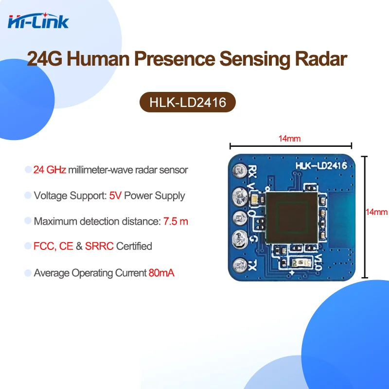New Mini 24G Radar Module HLK-LD2416 Built-in Antenna Human Presence Detection Motion & Static 14x14mm for Smart Home