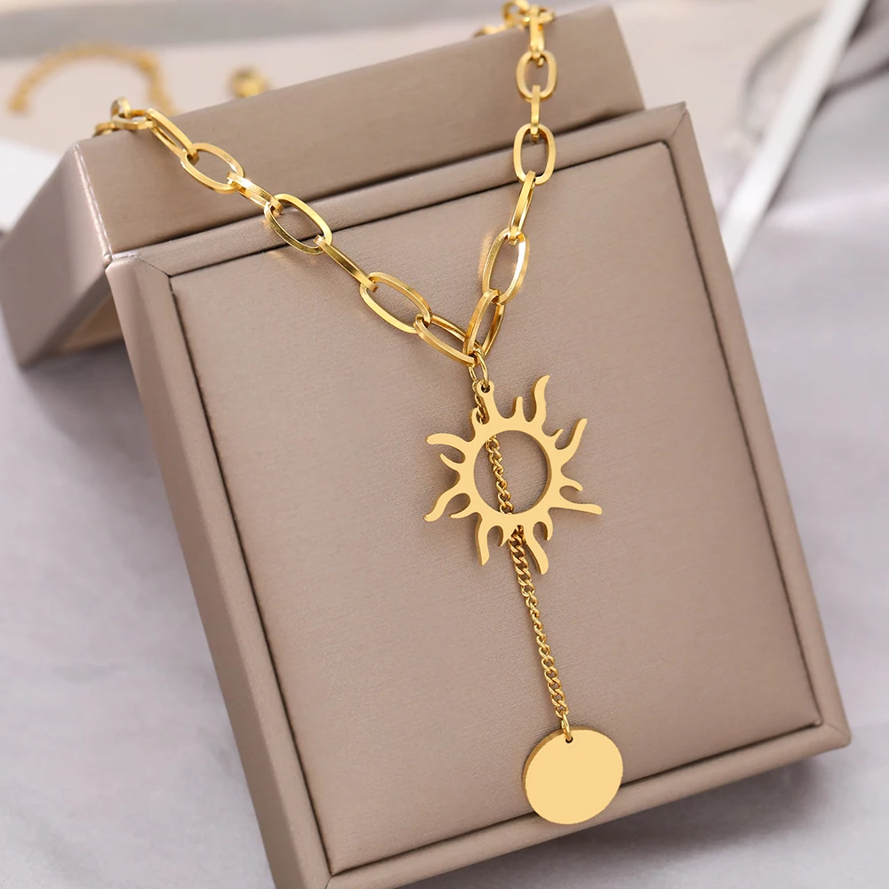 Stainless Steel Necklaces Delicate Sun Totem Geometric Round Tassel Pendants Goth Punk Chains Fashion Necklace For Women Jewelry