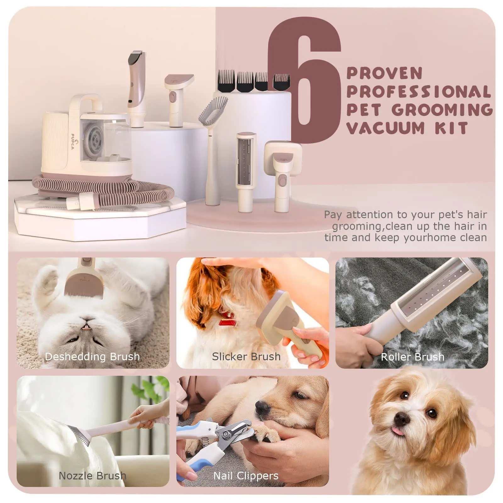 PUPCA Pet Grooming Kit 1.3L Vacuum Suction 99% Pet Hair 60db Low Noise & 12kpa 3 Levels Suction with 7 Grooming Shedding Tools