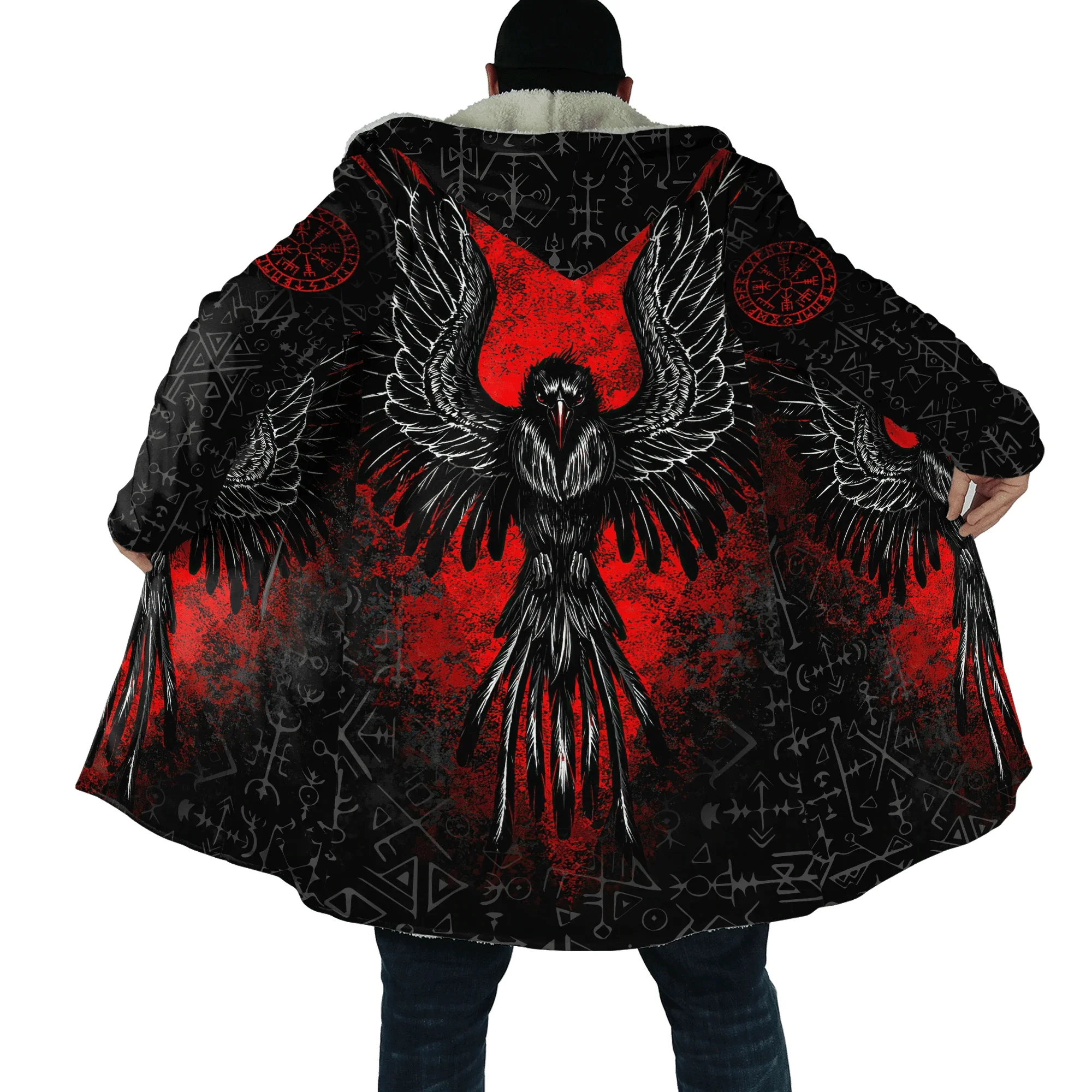 Fashion Winter Hooded Cloak Wolf Tattoo Dragon Rune 3D Printed Men's Thick Wool Hooded Coat Unisex Street Casual Warm Cloak Coat