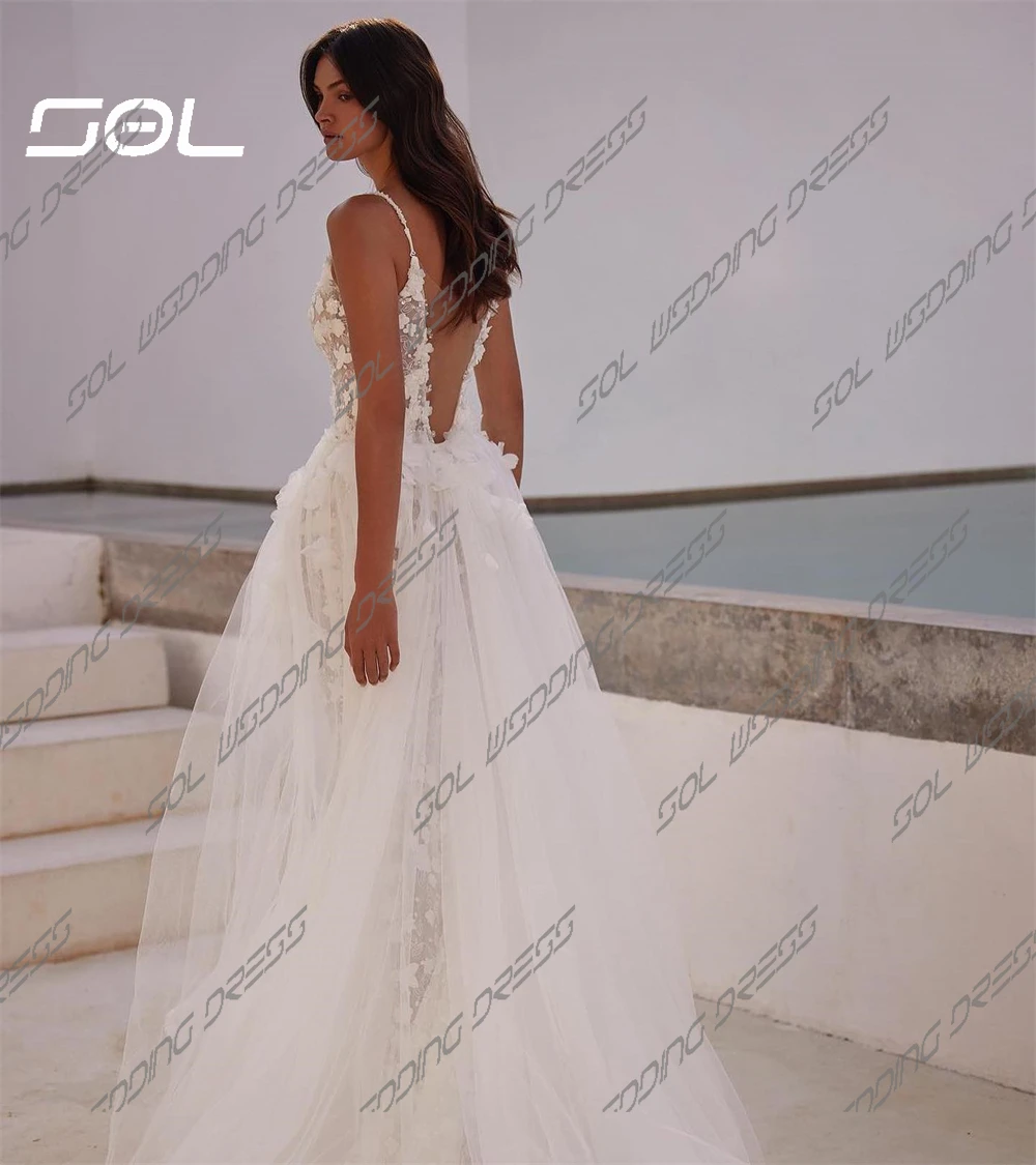 SOL profondo scollo a V splendida Appliques di pizzo 3D abiti da sposa treno staccabile aperto indietro abiti da sposa Vestidos De Novia su misura