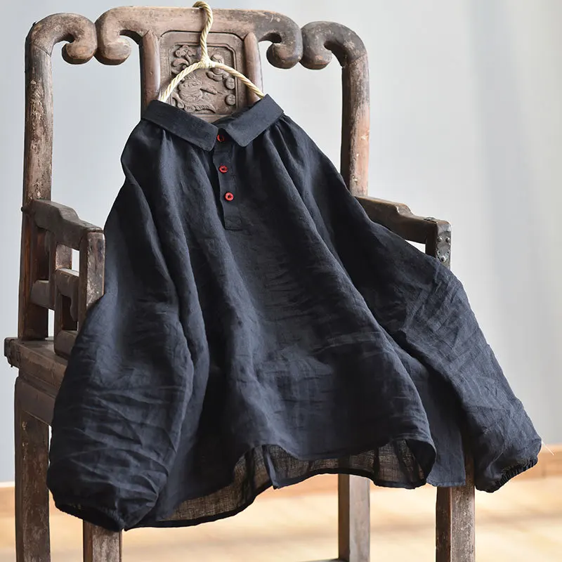 

Высококачественная женская льняная рубашка с длинным рукавом, весенне-осенняя, однотонная, в художественном корейском стиле, универсальная, свободного кроя.