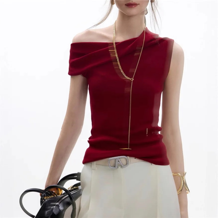 8074 Gilet stile francese estivo con spalle scoperte Abbigliamento versatile Top irregolare traspirante Tencel a 14 aghi