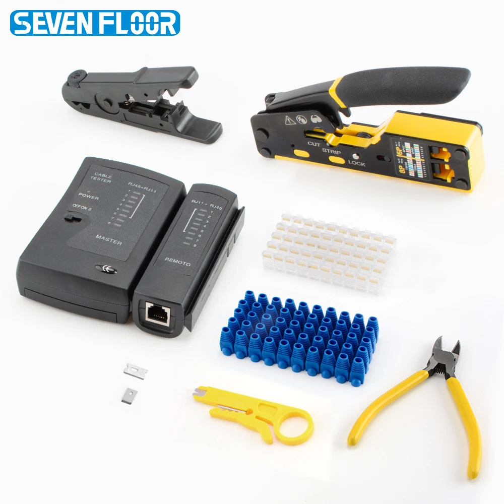 

8 in 1 RJ45 Crimp Tool Kit,Crimper tool,Cable Tester,Wire Cutter,Blades,50Pcs Cat 6 Connectors and Strain Relief Boots
