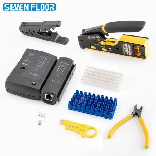 Kit de herramientas de engarzado RJ45 8 en 1, herramienta de engarzado, probador de cables, cortador de cables, cuchillas, 50 Uds. De conectores Cat 6 y botas de alivio de tensión