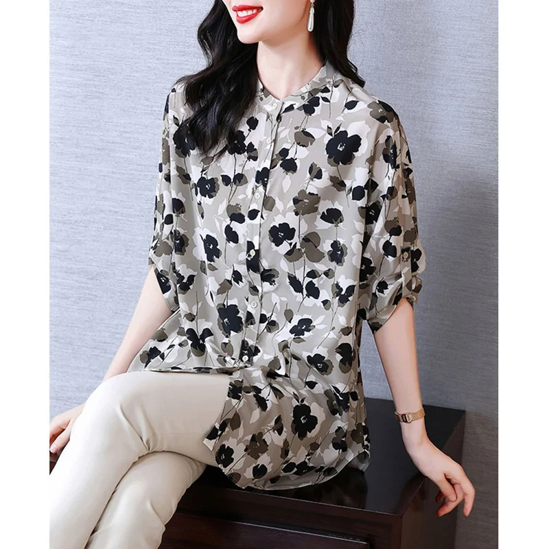 Summer New Loose Causal Printing 3/4 Sleeve Blouse Female Elegant Fashion All-match Cardigan Top Women Temperament Buttons Shirt