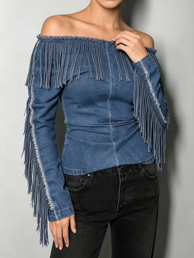 Women Off Shoulder Fringe Denim Top Long Sleeve Tassel Trim Slim Blouse Western Cowboy Style Vintage Party Streetwear Shirt