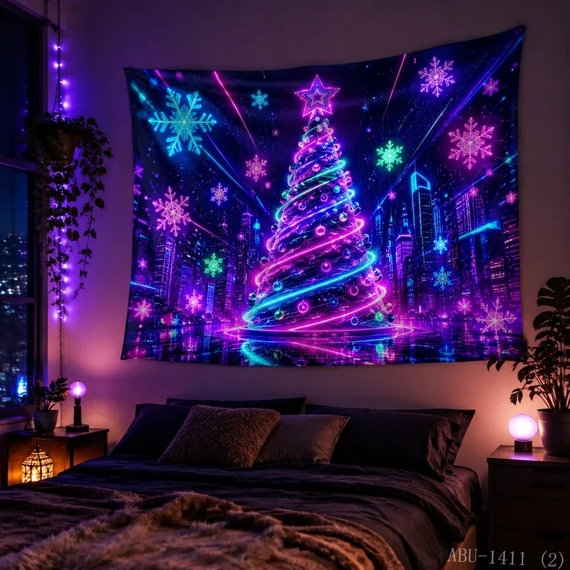 VIKAMA Neon Cyberpunk Tree City Night Skyline Spiral Light Snowflake Star Christmas Tapestry Wall Hanging Bedroom Living Room