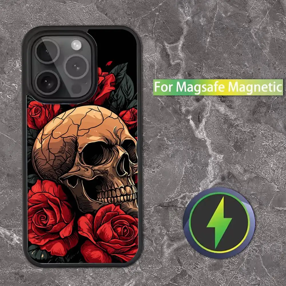 Casing Ponsel Kartun Tengkorak Bunga Untuk iPhone 17,16,15,14,13,12,11,Pro,Max,Plus,Mini,SE Magsafe Pengisian Daya Nirkabel Magnetik