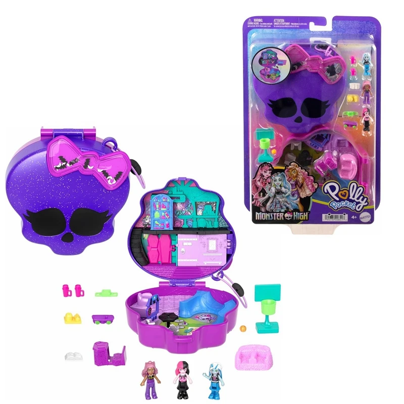 Polly Pocket Monster High Playset with 3 Micro Dolls & 10 Accessories, Opens To High School, Collectible Travel Toy with Storage