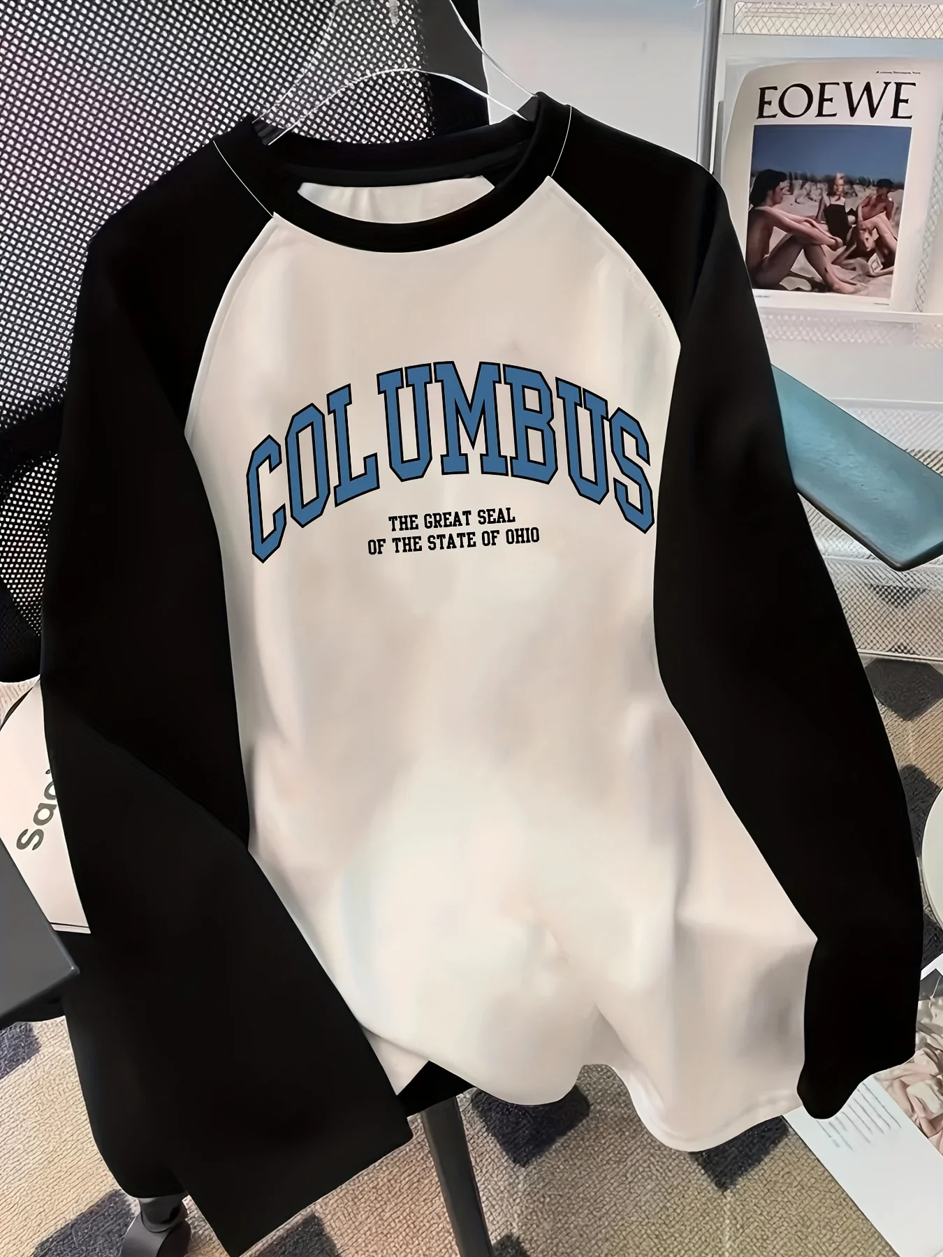Women's Crew Neck Long Sleeve COLUMBUS English Print Raglan Sleeve T-Shirt American Vintage Style Tee Tops Clothes Female Ladies
