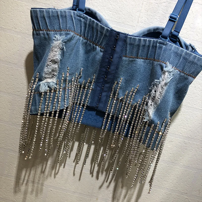 Moda z diamencikami i frędzlem biustonosz bez ramiączek kamizelka dżinsowa koszula kobiety Sexy klub nocny taniec kowboj Camisole Jeans krótki Top Ropa Mujer — zdjęcie 5
