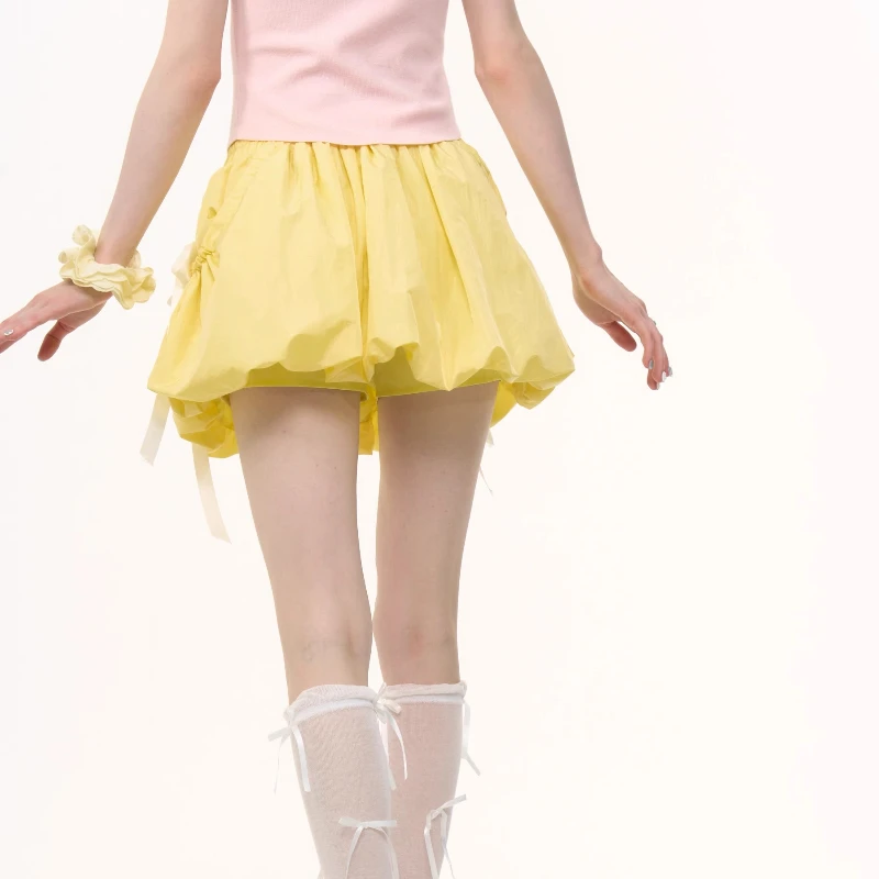 Summer American Retro Women's Clothing Original Design Bow High Waist Thin Yellow A-line Bud Skirt Half-length Short Skirts Girl