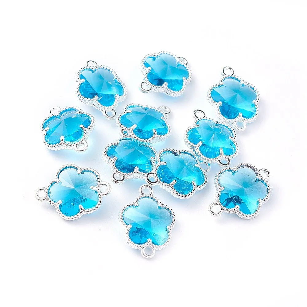 PandaHall 50Pcs Glass Flower Connectors, Silver Edge Open Back Bezels, Eco-Alloy Pendants for DIY Jewelry Making