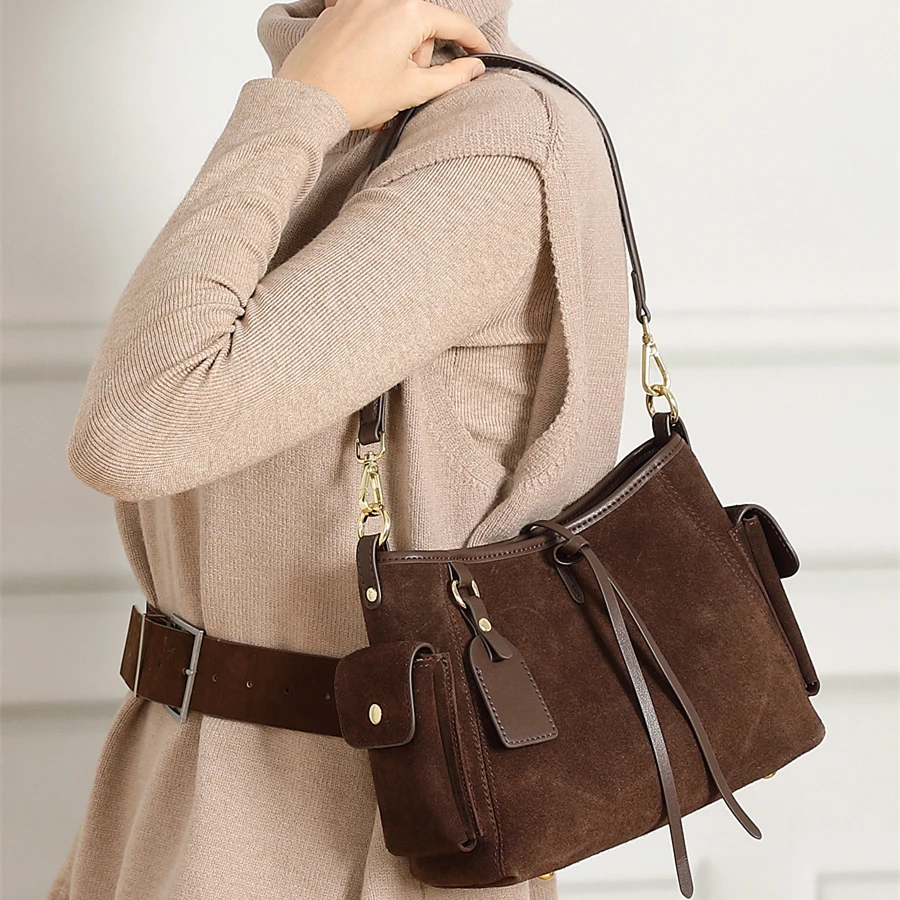 

BURMINSA Suede Cowhide Genuine Leather Shoulder Bags Women Designer Crossbody Purse Luxury Vintage Office Work Underarm Handbags