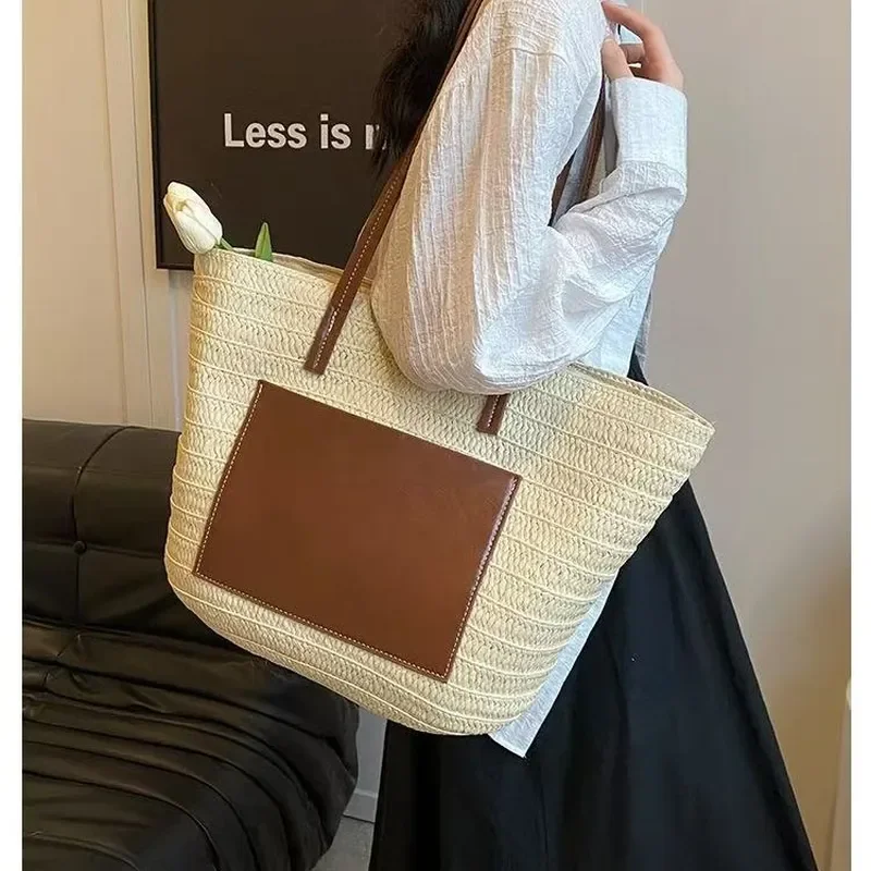 Bolso de mano de paja tejido a mano, bolso de hombro de gran capacidad para mujer, accesorio de viaje para vacaciones en la playa