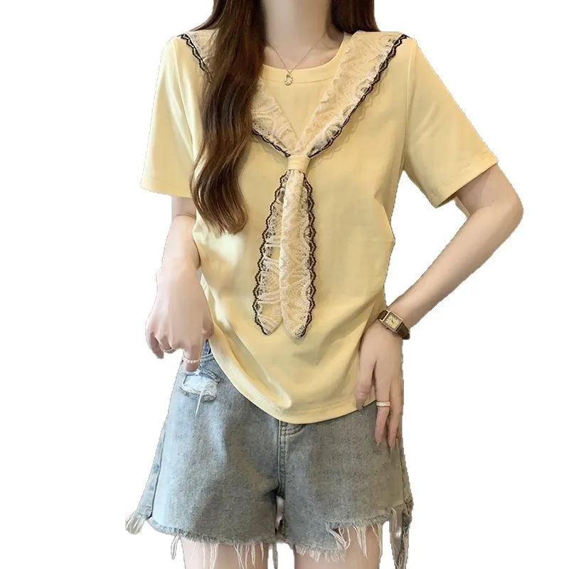 Plus-size women's summer new style noble lady style loose slimming lace shawl regular shoulder short-sleeve T-shirt - view 3