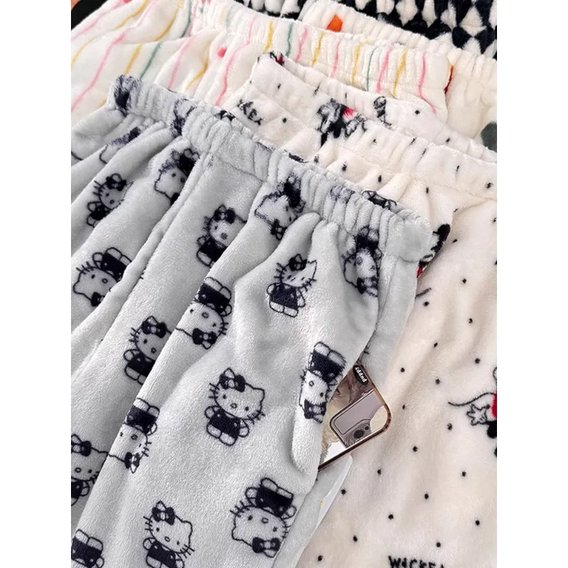 Soft Hello Kitty Kawaii Plush Pajamas Pants Fashion Women Autumn Winter Thickened Coral Velvet Plus Size Flannel Home Trousers