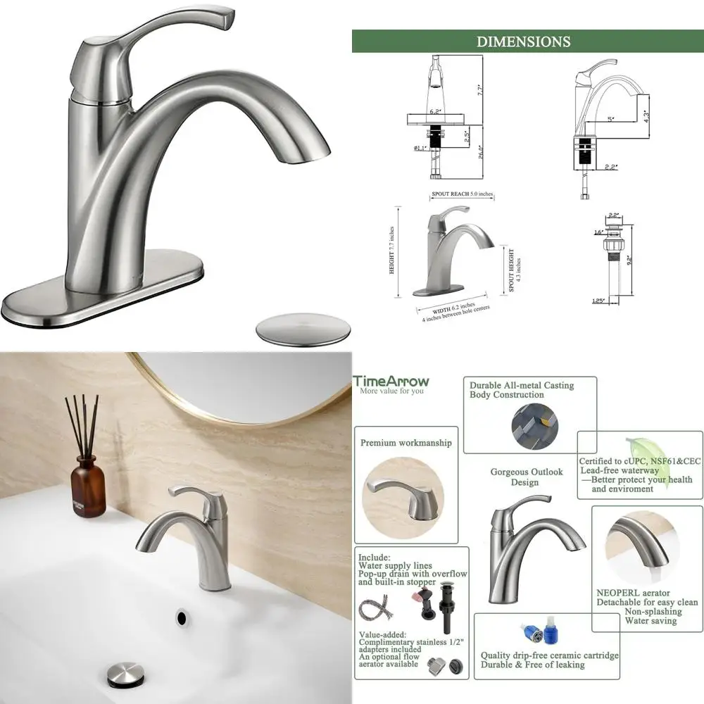 

Single Hole Brushed Nickel Bathroom Faucet with 3-Hole Plate, Pop-Up Drain, and Supply Lines, TAF206-BN