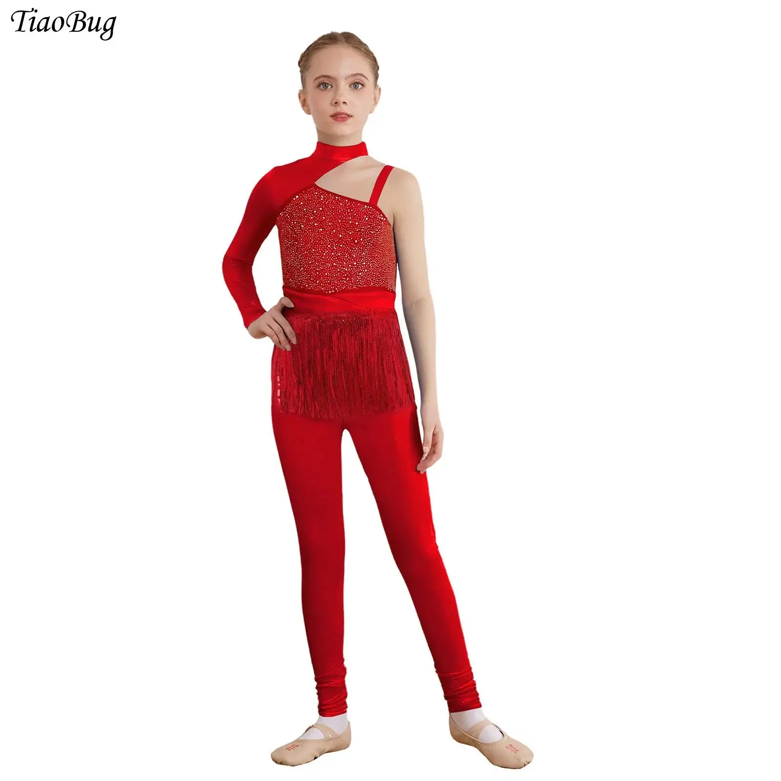 

Kids Girls Figure Skating Gymnastics Jumpsuit Jazz Dance Costume Metallic Shiny Rhinestones Sequin Fringe Asymmetrical Bodysuit