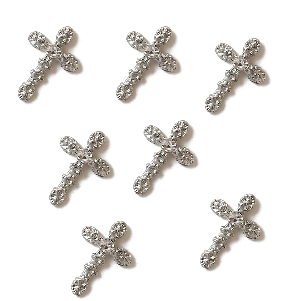 10Pcs Gold/Silver Cross Nail Charms 3D Metal Punk Retro Pearl Diamond Cross Nail Art Decorations Kawaii DIY Manicure Accessories