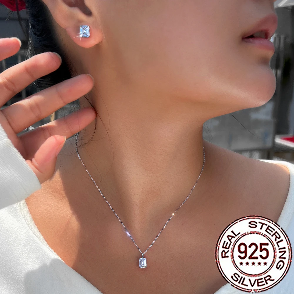 

QooLady 925 Sterling Silver Classic Rectangle Cubic Zircon Stud Earrings Necklace Set for Women Fine Wedding Party Jewelry ST042