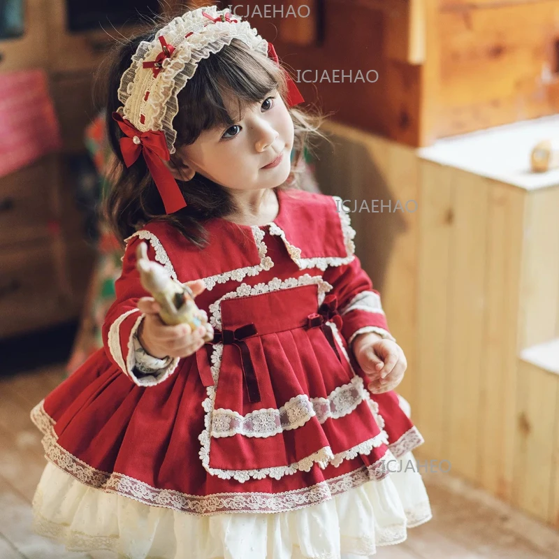 Kids Girls New Red Lolita Long Sleeve Dress Clothes Children Birthday First Year New Year Princess Gown Pageant Party Outfit