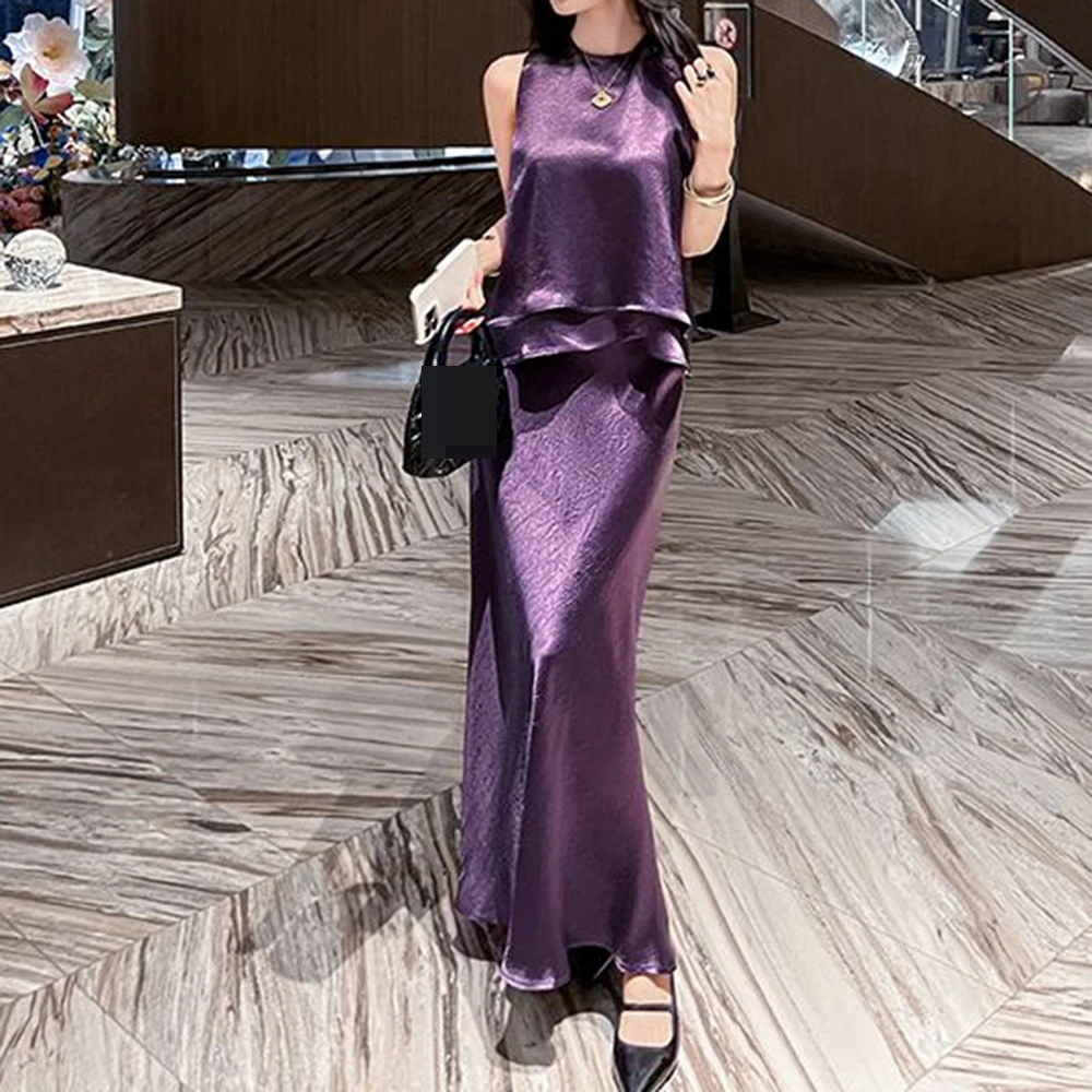 

Suit Purple Casual Summer Thin Acetic Acid Sleeveless Vest Top High Waist Fishtail Skirt Two-piece Set Women