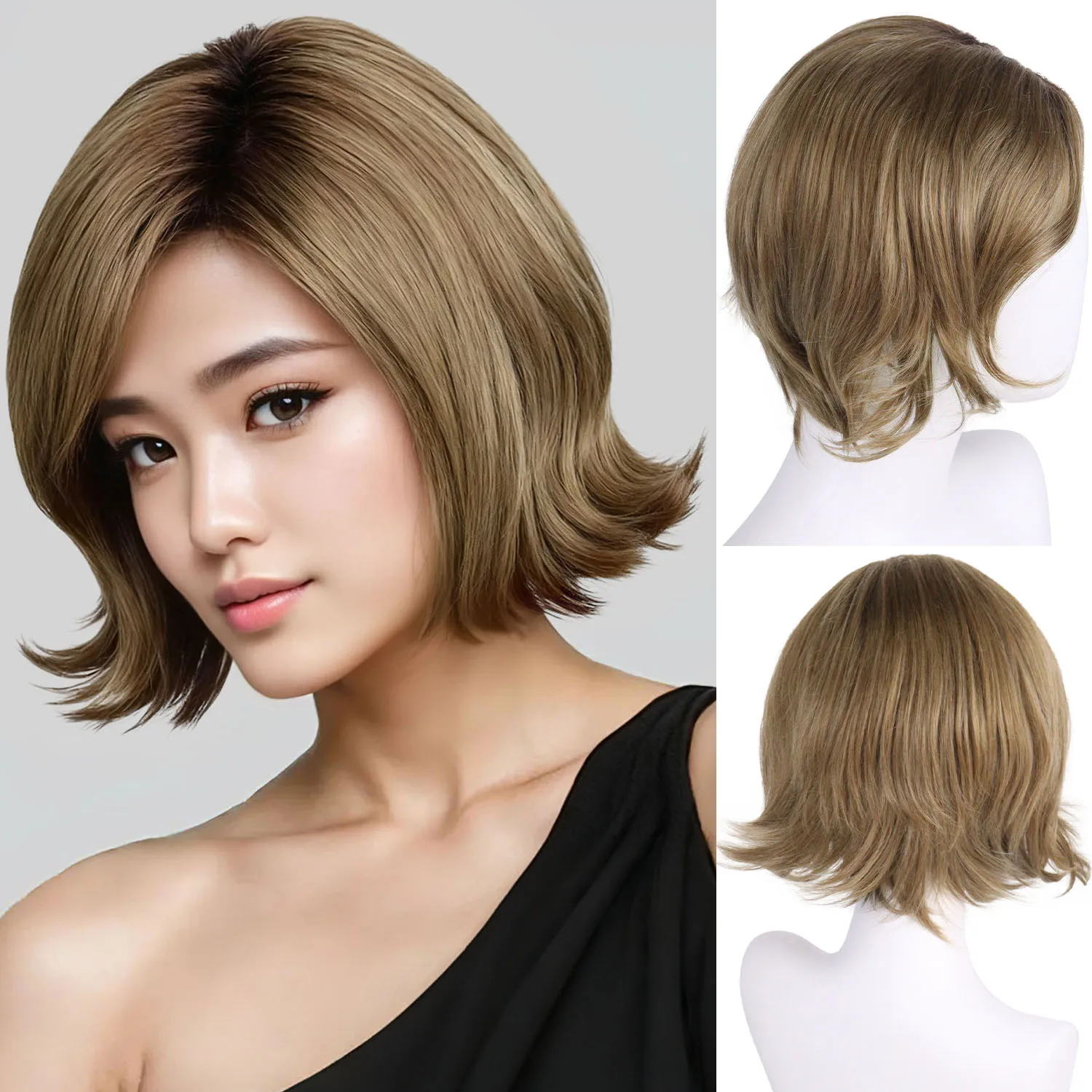 الألياف الاصطناعية براون الجانب الانفجارات شعر مستعار النمط الطبيعي للنساء قصيرة مجعد الباروكات الأم شعر مستعار الهدايا اليومية حفلة تأثيري شعر مستعار الإناث #1