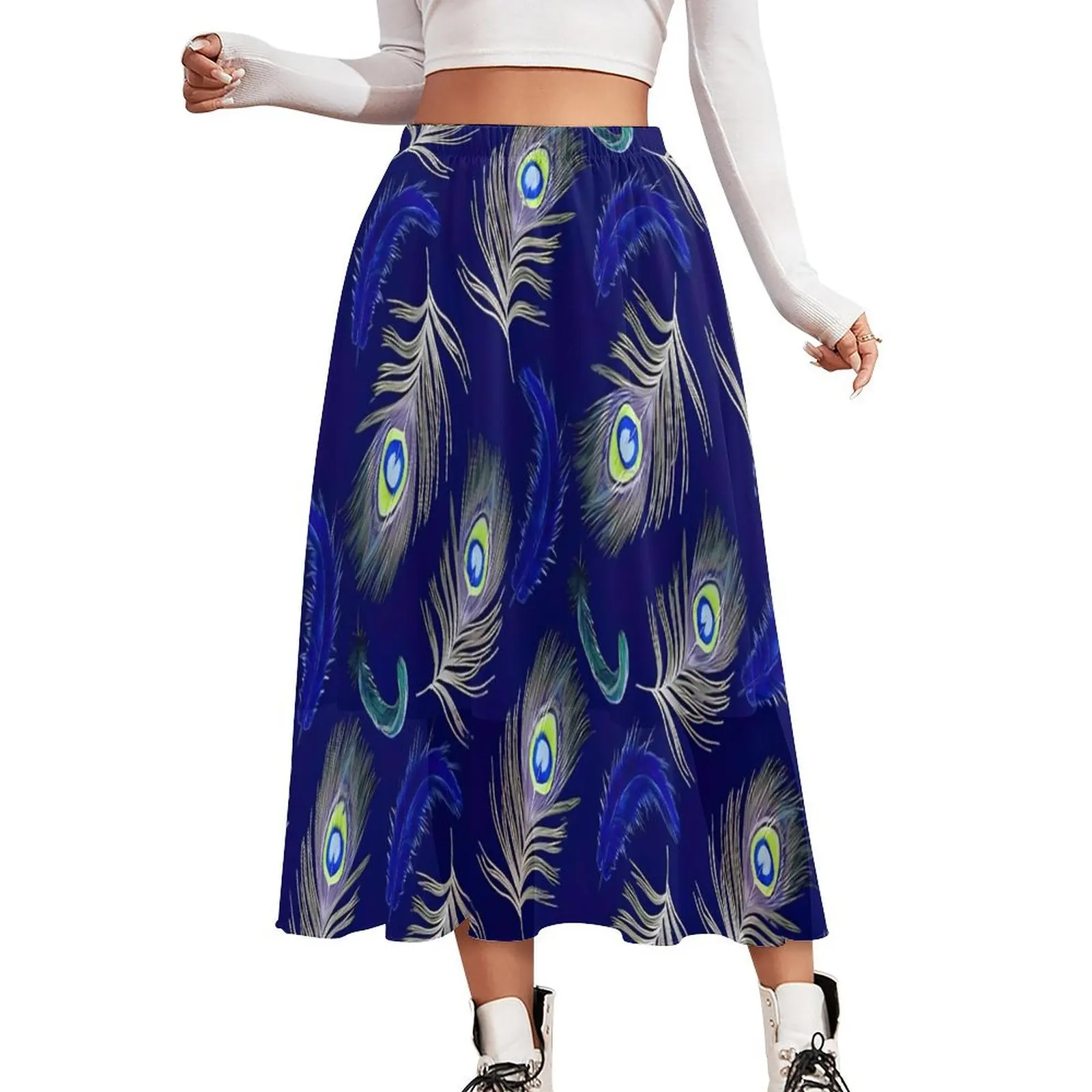 

Синяя юбка с павлиньими перьями, уличная одежда с животным принтом, повседневные юбки, юбка в стиле ретро в стиле бохо, женская одежда больших размеров с узором