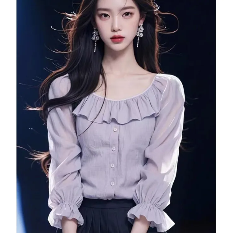 

Женская фиолетовая шифоновая миди-свеча весна 2025, кружевной дизайн, элитный свободный крой, для поездок на работу, из полиэфирного волокна