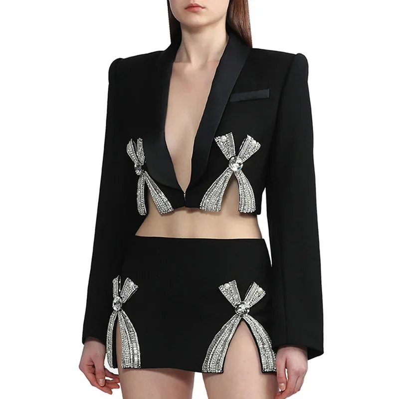 

New Women's Suit Set Luxury Rhinestone Dress Birthday Party Long Sleeve Off waist Design High Waist Half Two Piece
