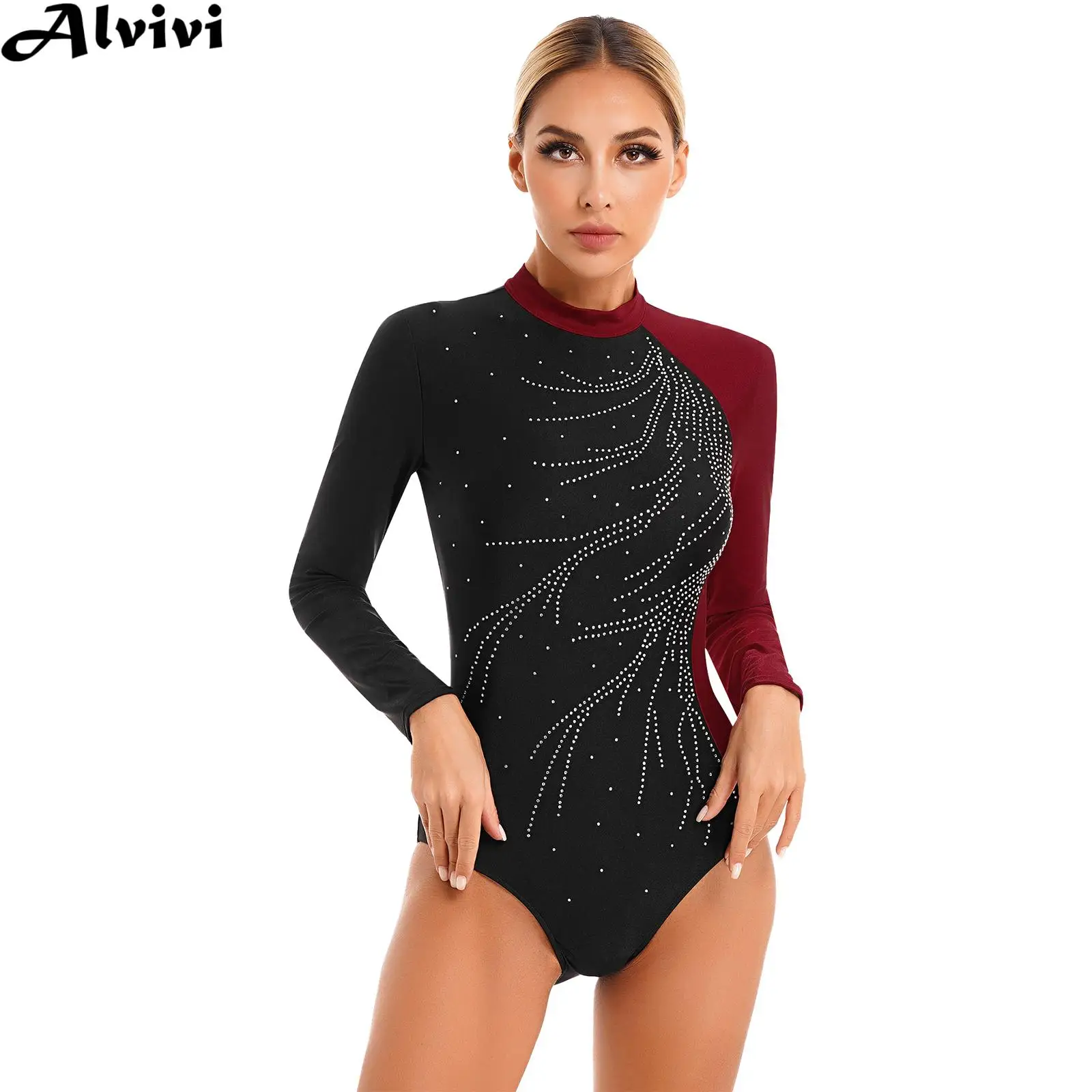 Women Figure Skating Ballet Dance Gymnastics Acrobatics Yoga Leotard Long Sleeve Shiny Rhinestone Color Block Bodysuit Dancewear