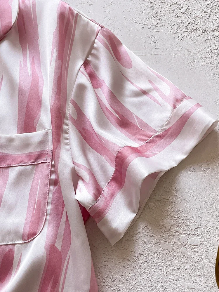 New Pink Striped Silk Sleepwear Thin Short Sleeve Shorts Home Wear