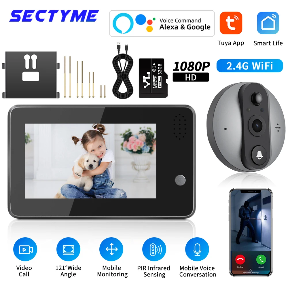 Sectyme 4.3 inch Tuya 1080P WiFi Smart Doorbell Eye Peephole Camera Two-way Audio Night Vision Peephole Doorbell Outdoor Monitor