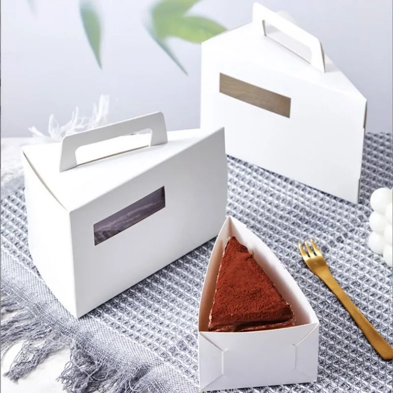 50pcs Mousse Triangle Pastry Cake Box White Cardboard Paper Sandwich Box With Handle Dessert Packing Boxes