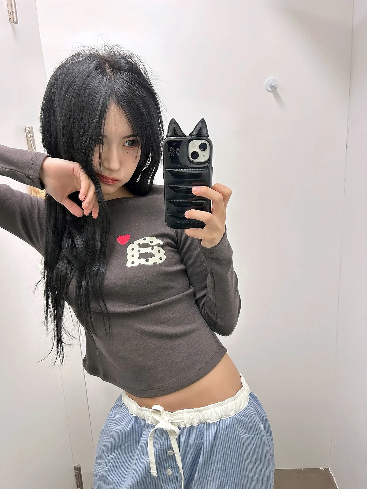 Sakura Sweet Korean Women's Long Sleeve T-Shirt Polka Dot Heart Print Slim Fit round Neck Short Style Casual Cotton Tee