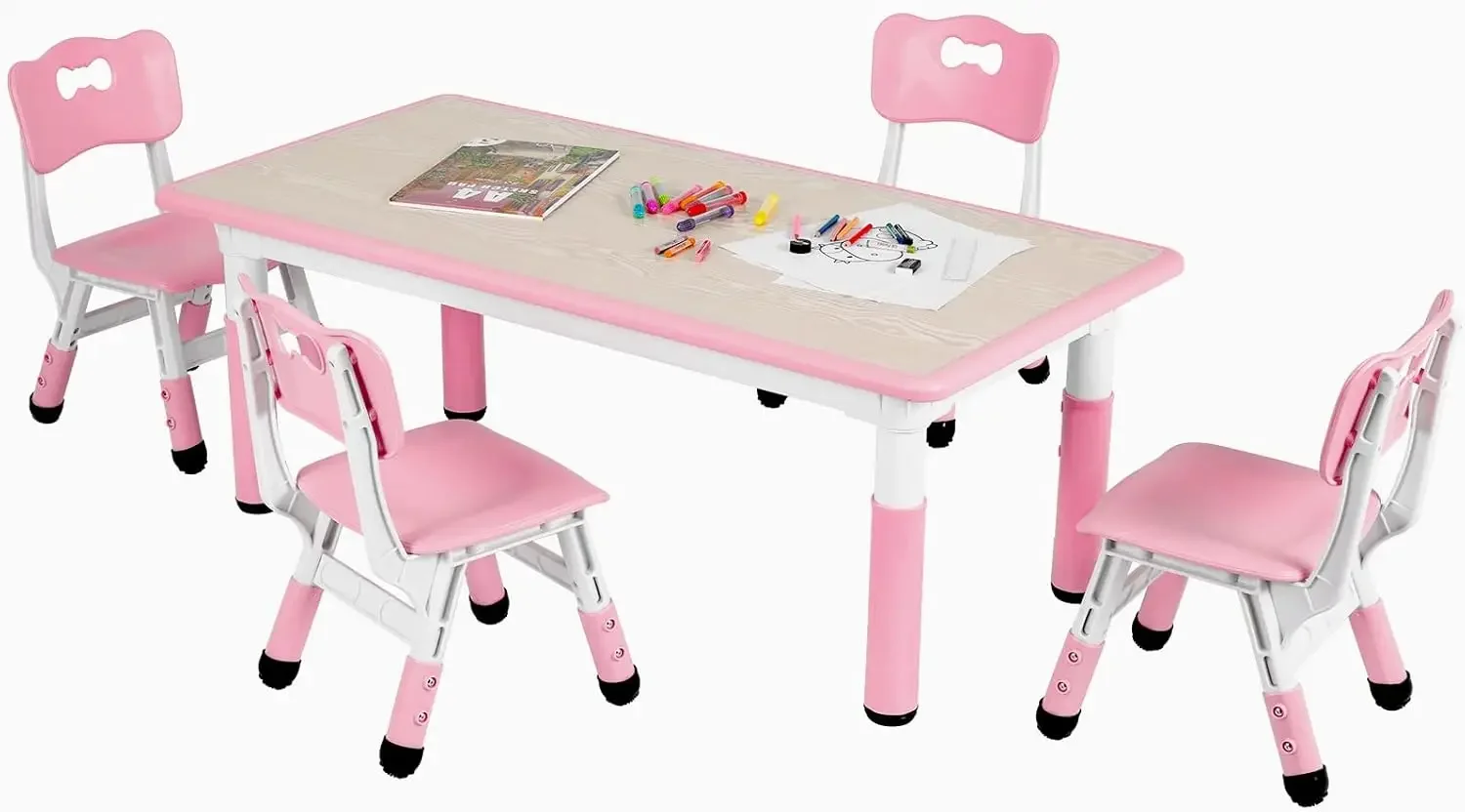 

Kids Table and 4 Chairs, Height Adjustable Toddler Desk & Chair Set, Anti-Slip Legs, Graffiti Desktop, Children Large Multi-Acti