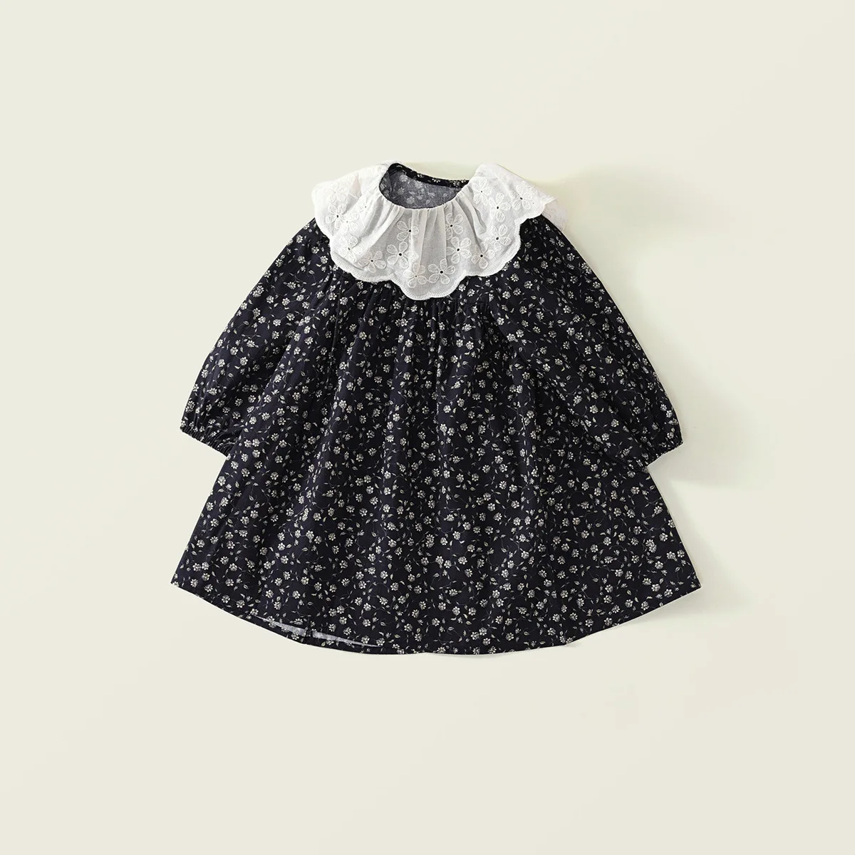 2026 Spring‑Autumn Girls Vintage Floral Jacquard Dress Nature‑Inspired Lapel Long‑Sleeve Princess Dress for Little Girls