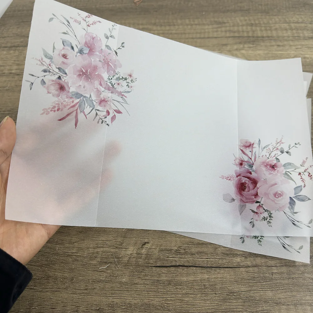 PINK flower Vellum  Wrap suitable for a 5 x 7 Wedding Invitation