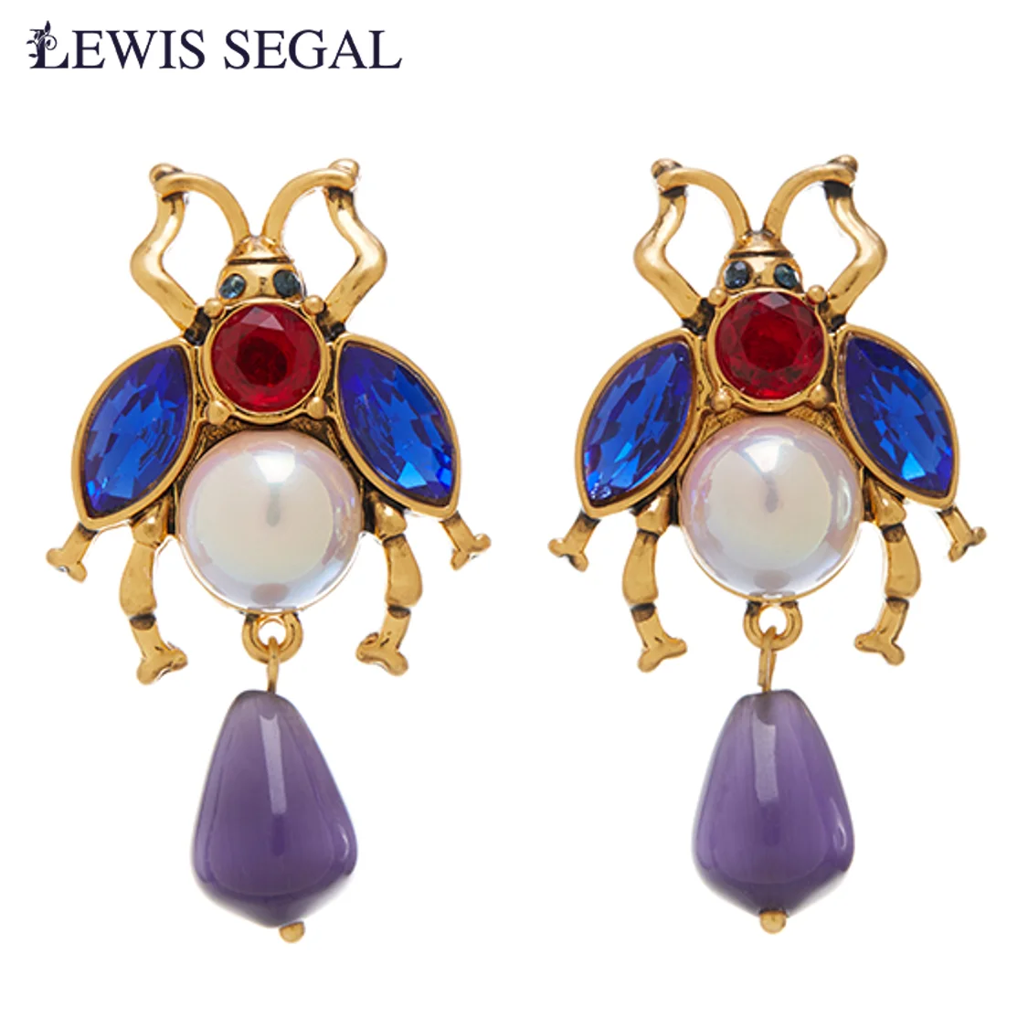 LEWIS SEGAL Pearl Beetle Stud Earring with Czech Crystal For Women Independent Girl Medieval Style 18K Real Gold Plated